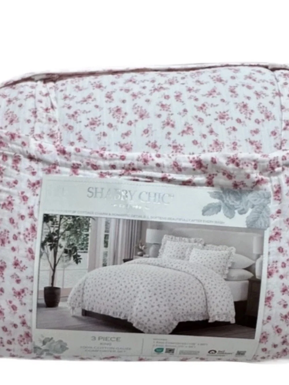 Shabby Chic Floral Pink and White Cotton Gauze King Comforter Set 106”x90”
